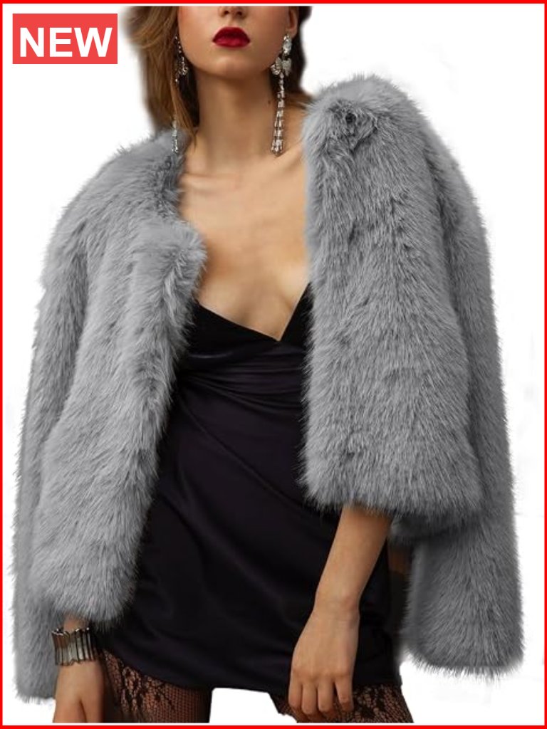 Faux Fur Cropped Jacket Open Front Shaggy Warm Winter Fall Outerwear